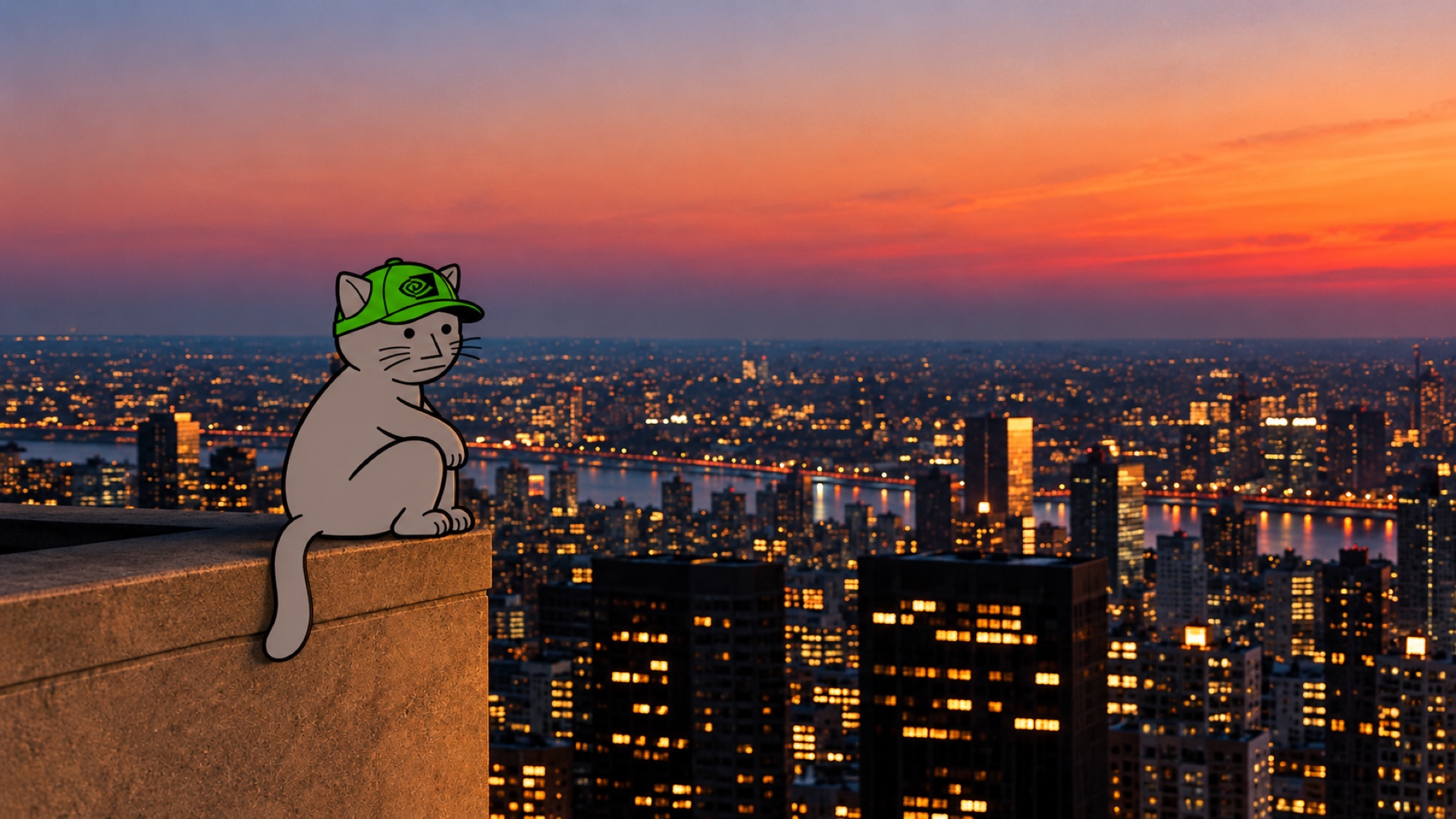 NPC sitting quietly on a stone rooftop at sunset, wearing his green cap, with the city stretching out behind him.